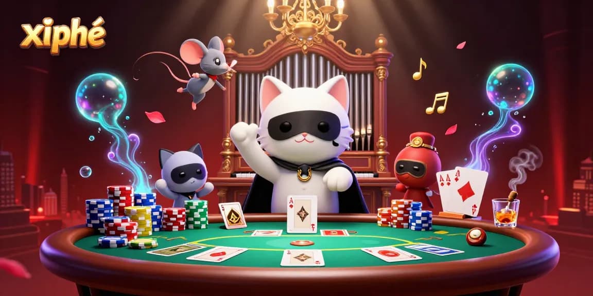 Experience thrilling poker action with xì phé against a vibrant casino backdrop.
