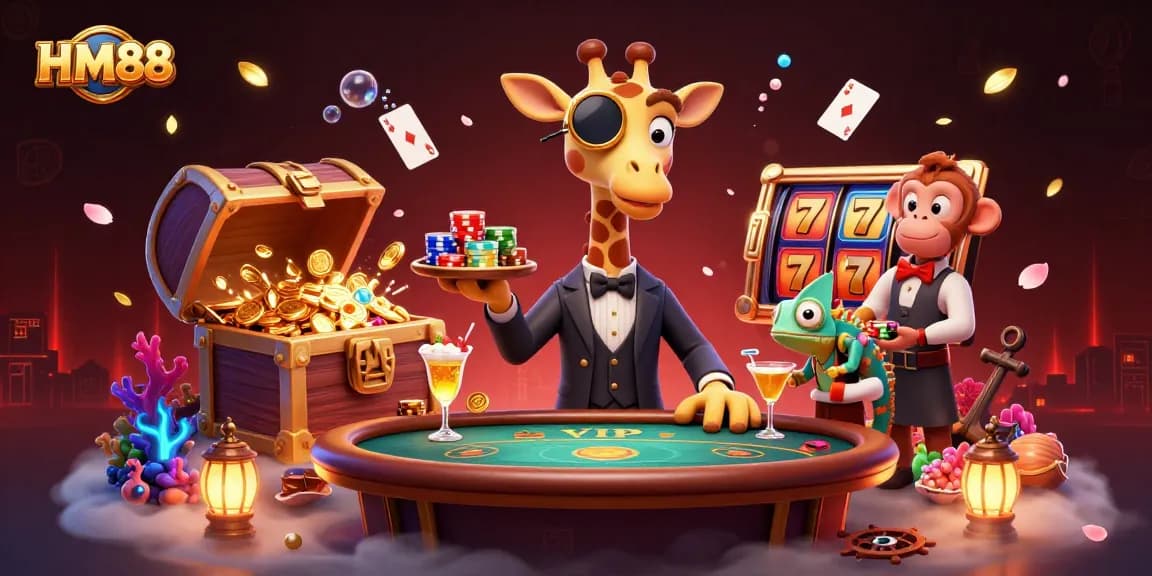 Experience the thrill of HM88 casino with high-roller giraffe in an action-packed slot game scene.