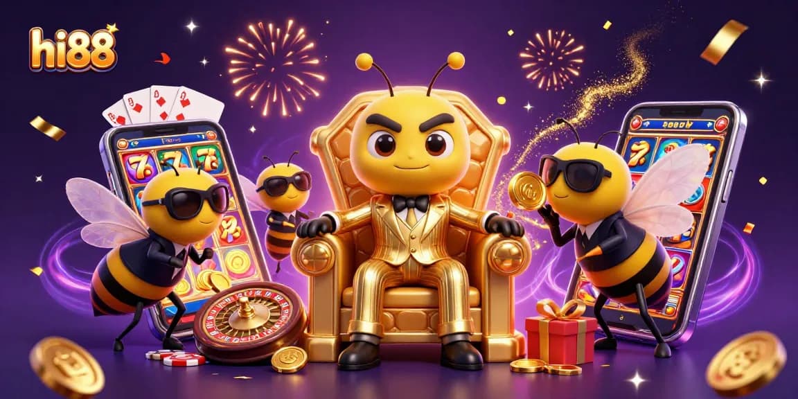 Spin your luck at hi88 with an exciting 3D casino illustration filled with vibrant game elements.