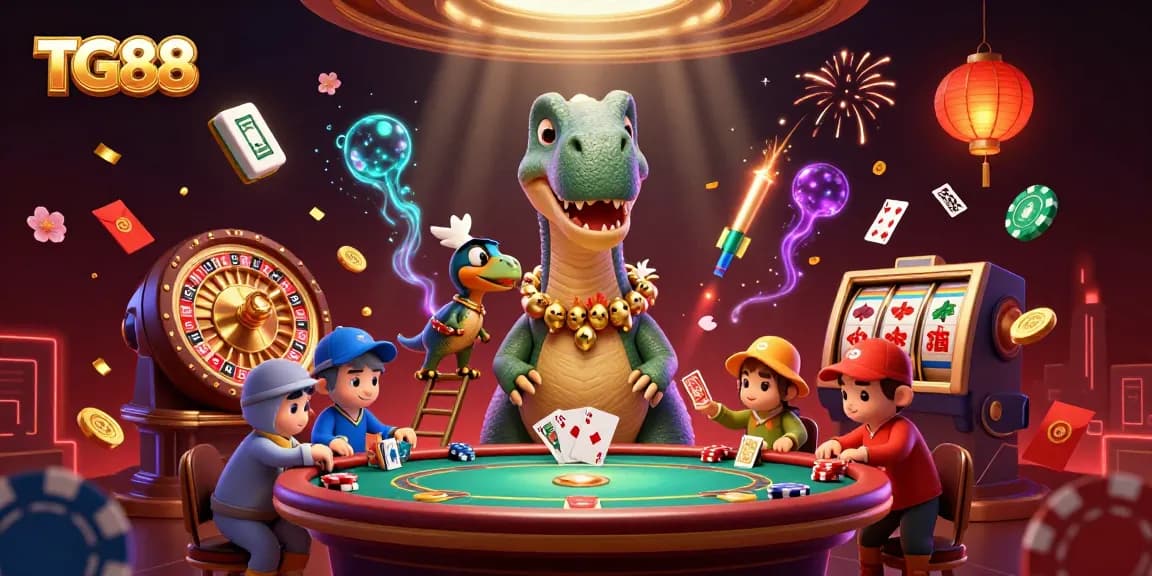 Engage with TG88 in a vibrant casino scene featuring a brontosaurus and clever raptor dealing cards.