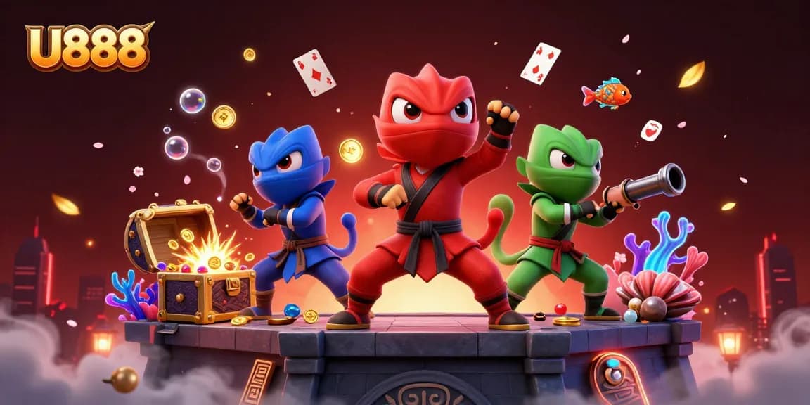 Experience thrilling action with U888's 3D chameleon ninjas amidst sparkling treasures.