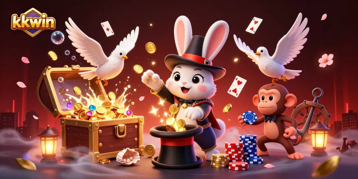 Experience thrilling gameplay at kkwin with a magician rabbit and friends in this vibrant casino scene.