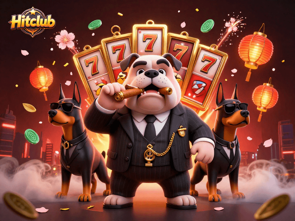 Hitclub showcases a vibrant 3D casino scene with a bulldog mafia boss surrounded by rich gaming elements.