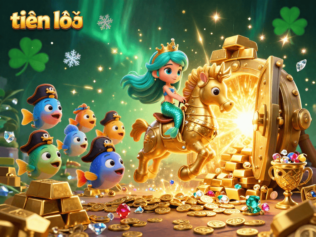 Experience the excitement of tiến lên with vibrant coins and characters in a rich underwater casino scene.
