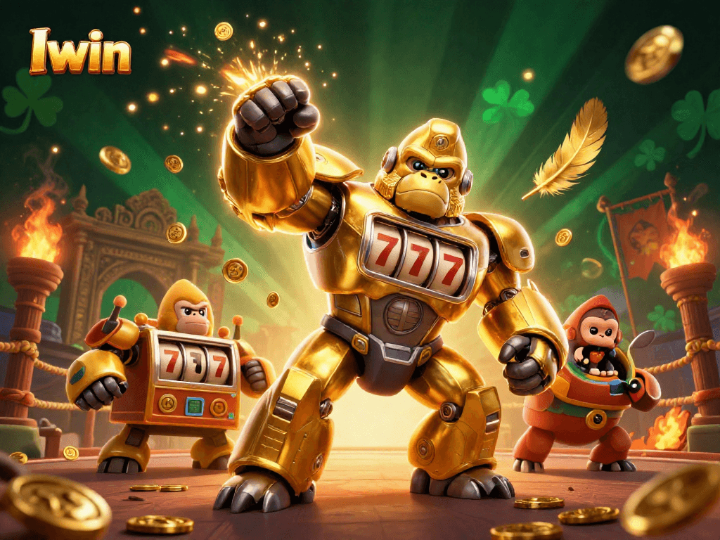 Iwin's golden gorilla mech unleashing coins amidst a vibrant casino battleground