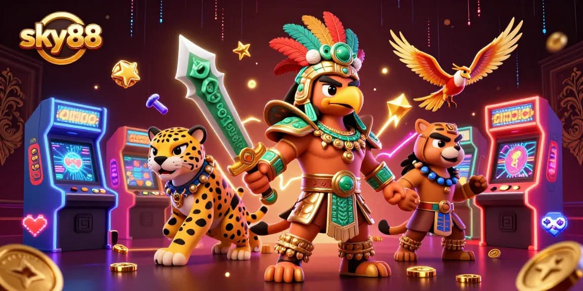 A dynamic scene featuring sky88 themed characters engaging with colorful casino elements.