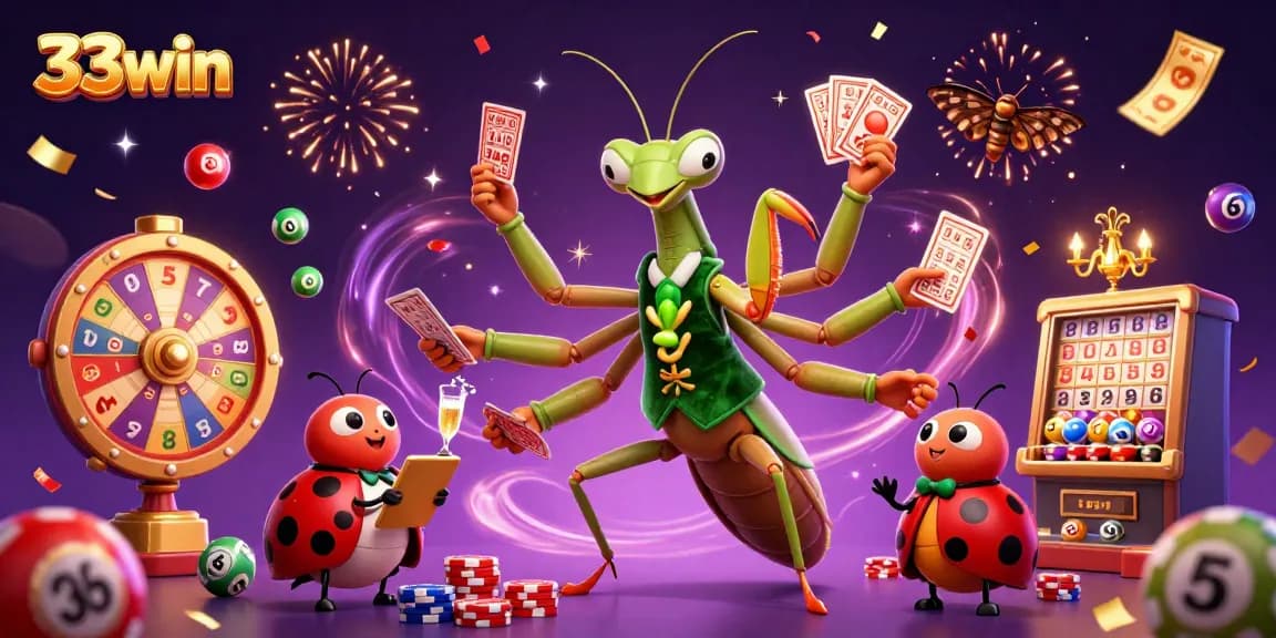 33win showcases a lively 3D casino scene with a colorful array of games and characters.