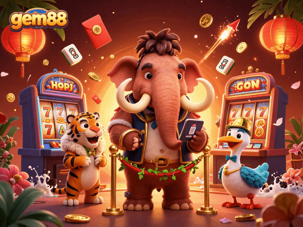 Join the gem88 excitement with a 3D illustration of casino characters celebrating winnings!