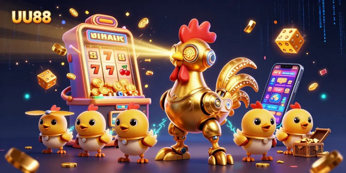 Enjoy thrilling slot gameplay with UU88 as golden rooster robot and baby chicks engage in vibrant casino action.