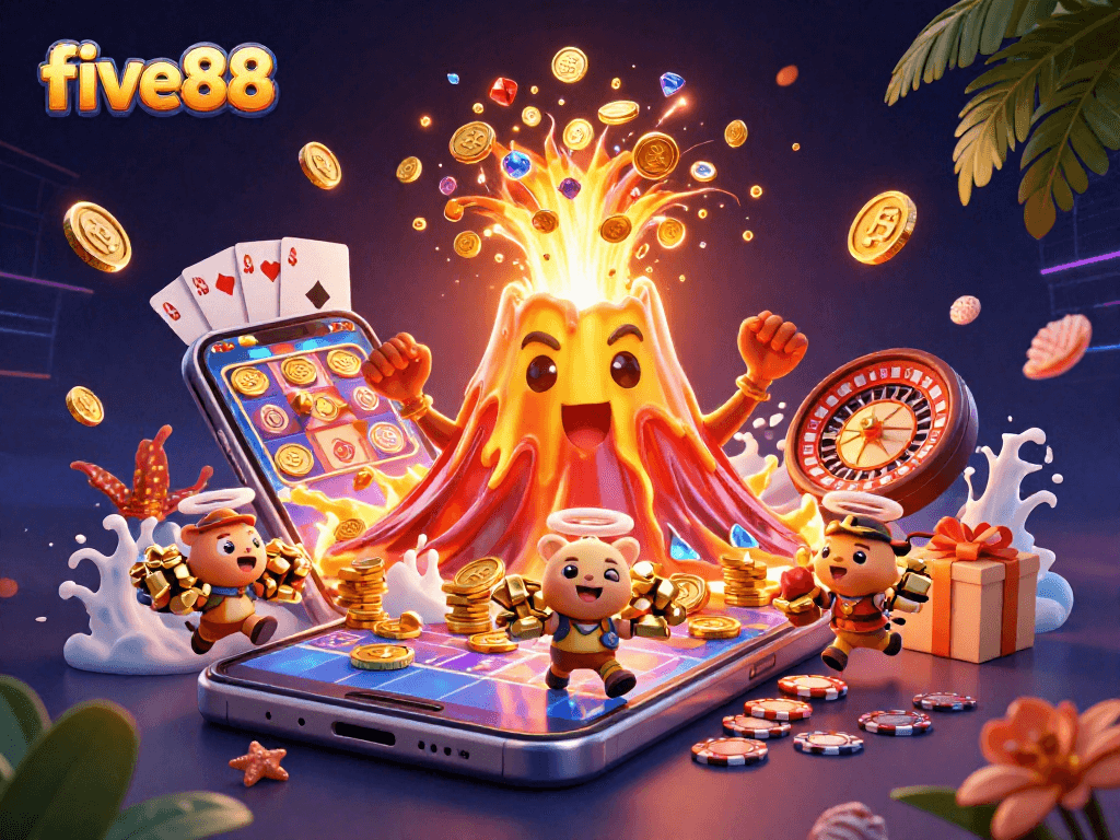 Experience five88's thrilling slots with gold coins and treasures erupting from a golden volcano.