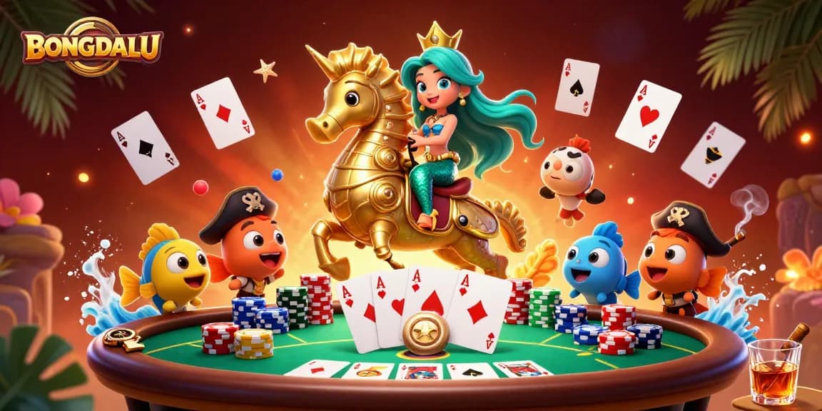 BONGDALU showcases a vibrant gaming scene with a mermaid, poker elements, and lively underwater characters.