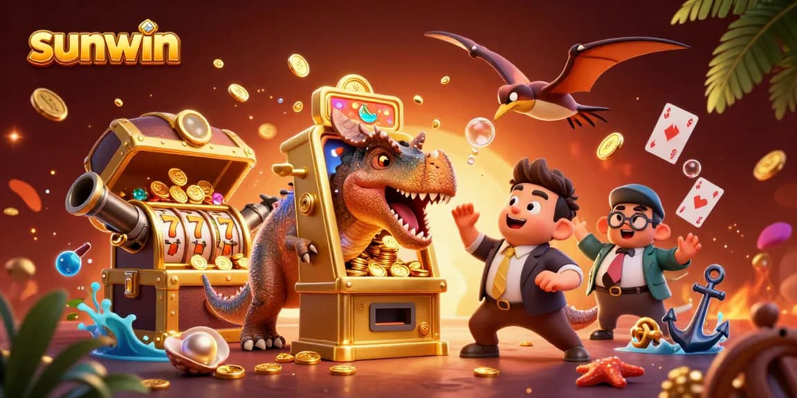 Experience thrilling jackpots at sunwin with vibrant action in this 3D casino scene featuring cartoon dinosaurs.