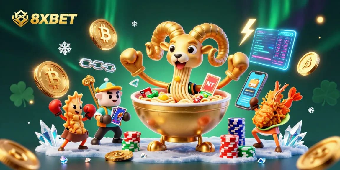 Engage with 8XBET's unique digital casino universe featuring vibrant characters and crypto elements.