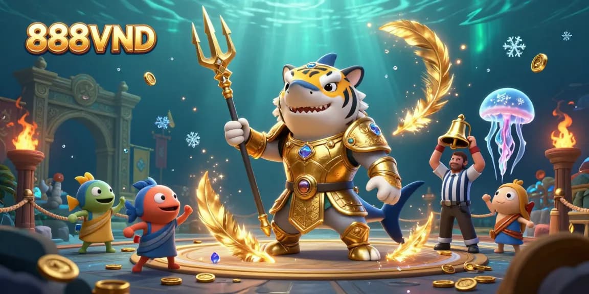 Immersive underwater scene showcasing 888VND with a gladiator shark and vibrant elements of gaming.