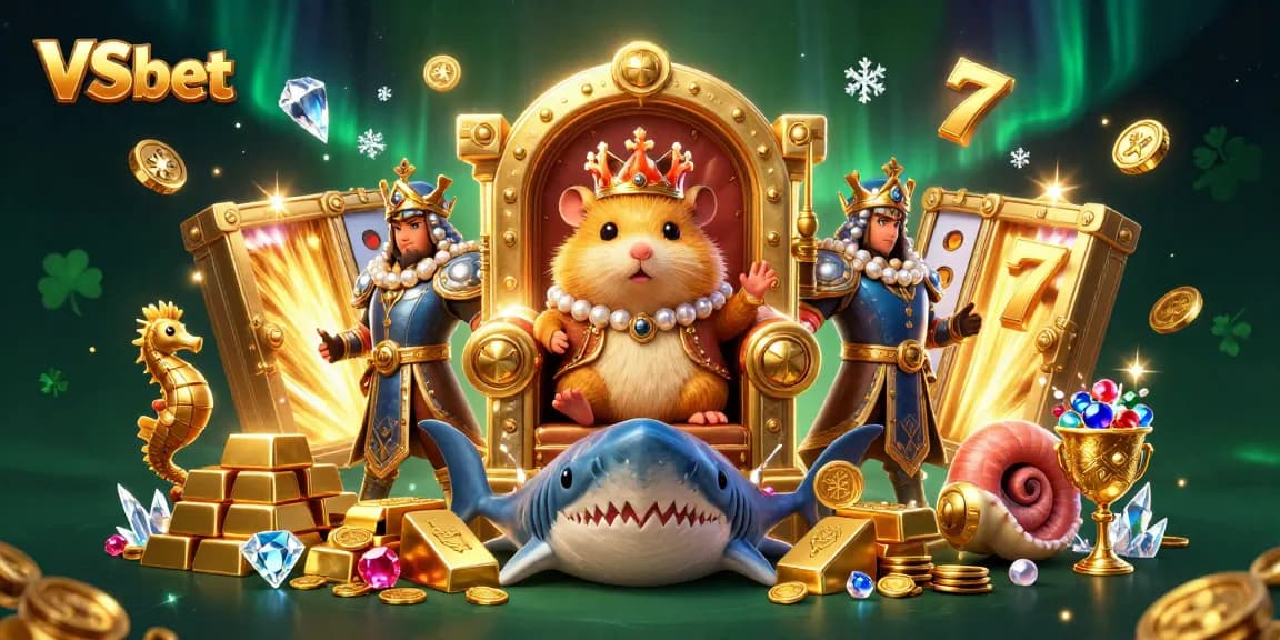 Experience the thrill of winning with VSbet; a dynamic 3D scene featuring a golden hamster king and legendary treasures.