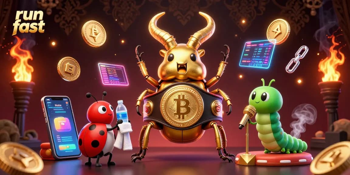 Run fast card game featuring dynamic characters and glowing crypto elements in a vibrant casino setting.