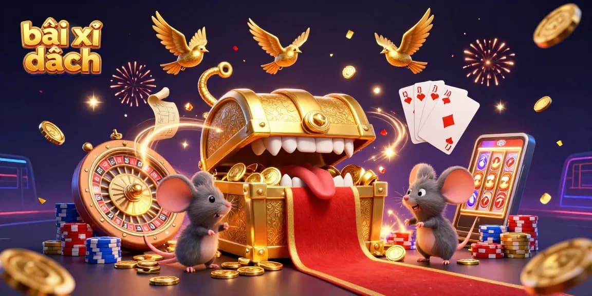 Engage in bài xì dách with an exciting 3D illustration of mice approaching a treasure chest, surrounded by gaming elements.