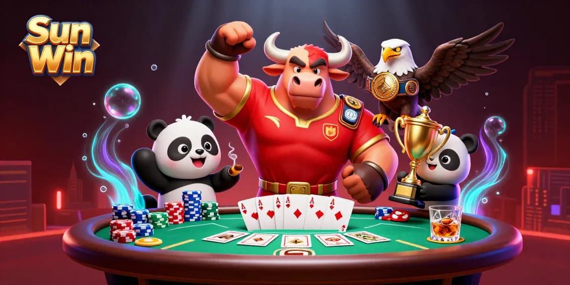 Engage in thrilling gameplay at Sun Win, featuring a dynamic casino scene with vibrant characters and poker elements.