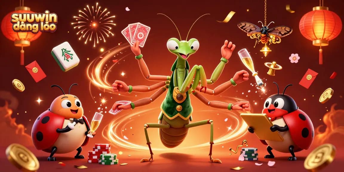 Experience seamless gaming with suuwin đăng nhập as the giant praying mantis card sharp deals cards and pours champagne amidst vibrant casino elements.