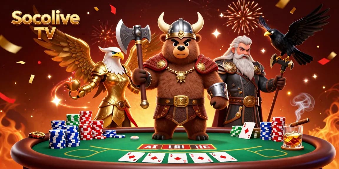 Experience thrilling poker with Socolive TV's Viking bear and Valkyrie eagle in an exciting atmosphere.