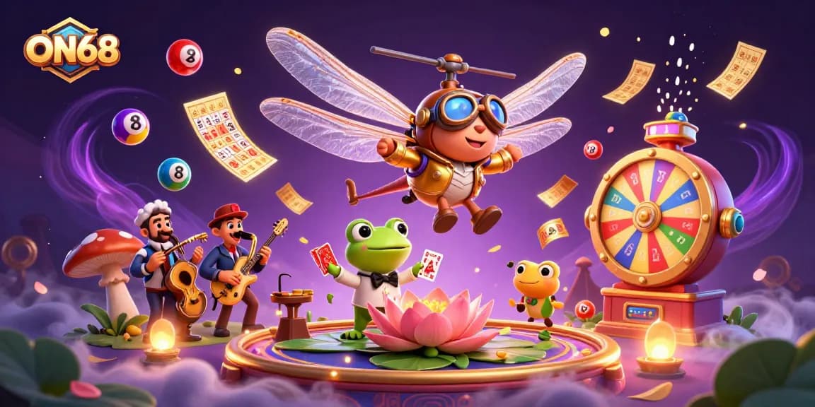 Experience the excitement of ON68 with vibrant casino elements and dynamic characters in a fantasy setting.