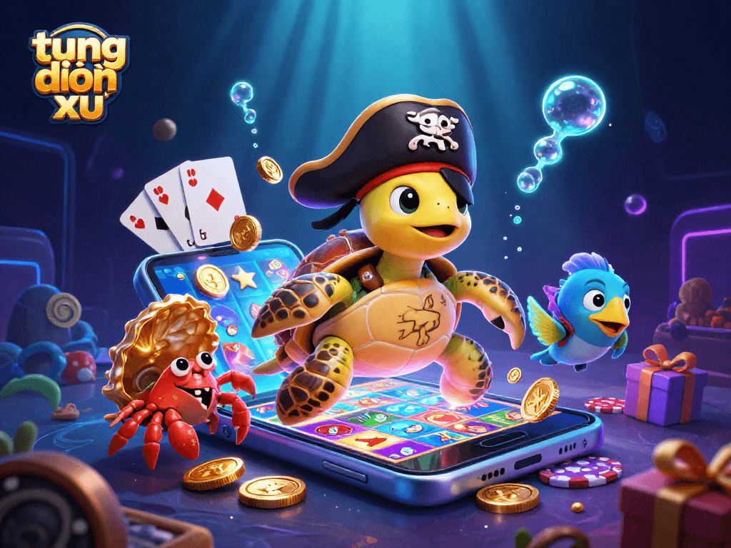 Win big in the thrilling game of tung đồng xu, where a pirate turtle and friends celebrate above treasures!