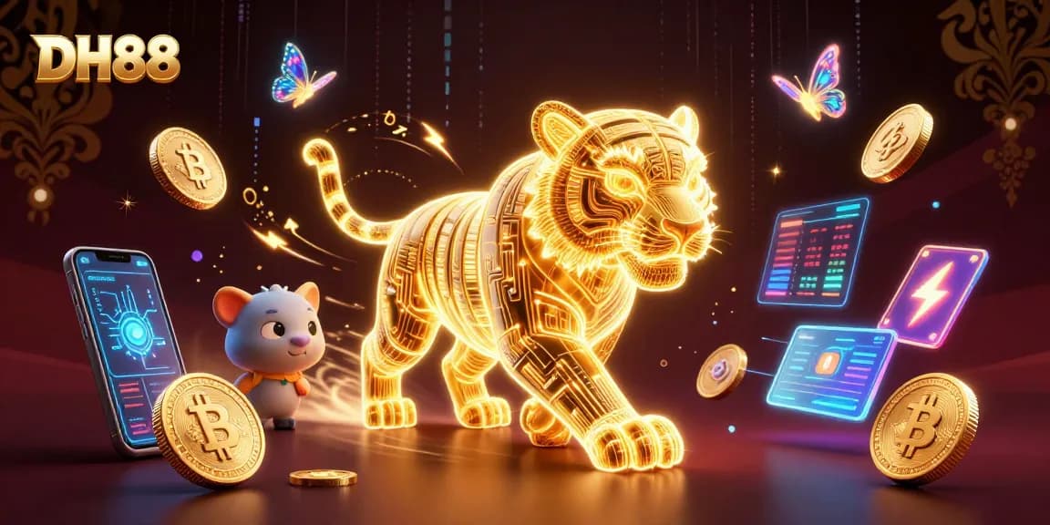 Experience thrilling gaming with DH88, featuring a neon tiger and glowing crypto coins in a vibrant casino.