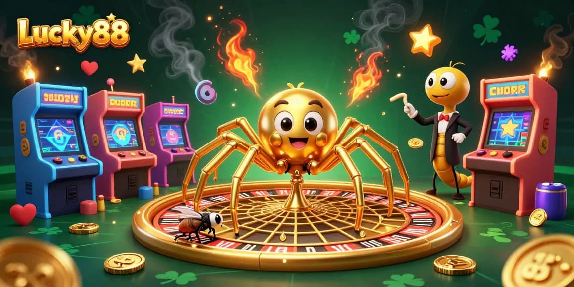 Experience thrilling bets with Lucky88 in a vibrant 3D casino scene featuring colorful game elements.
