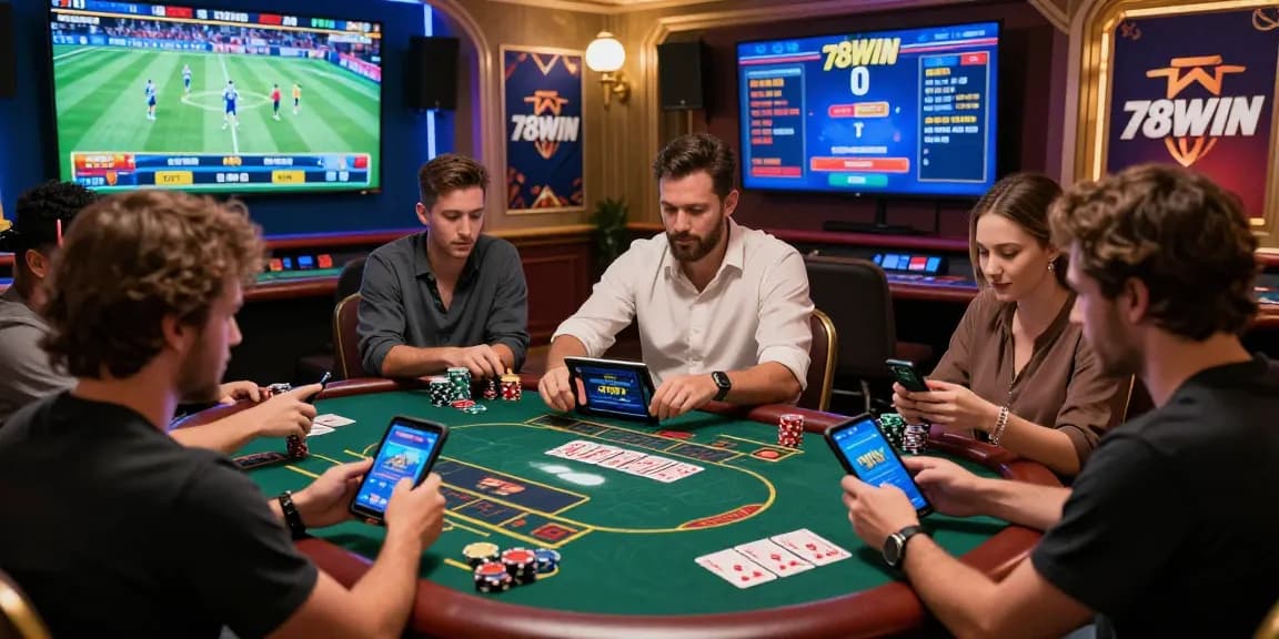Engaged players enjoying the 78WIN online gambling experience with devices, vibrant casino atmosphere.