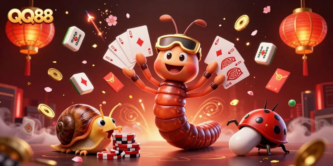 Experience QQ88's vibrant casino atmosphere with interactive gaming characters and festive decorations.