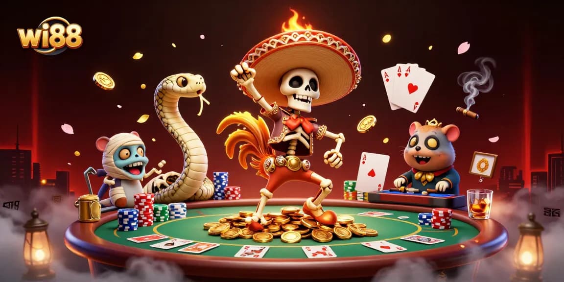 Experience the thrilling world of wi88 with vibrant characters celebrating a jackpot in a dynamic casino scene.