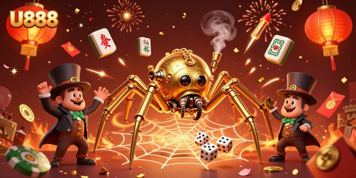Experience thrilling adventures at U888 with a vibrant steampunk spider illustration capturing the essence of gaming.