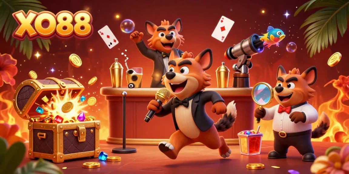 Experience the excitement at XO88 with lively hyenas playing casino games and mixing drinks.