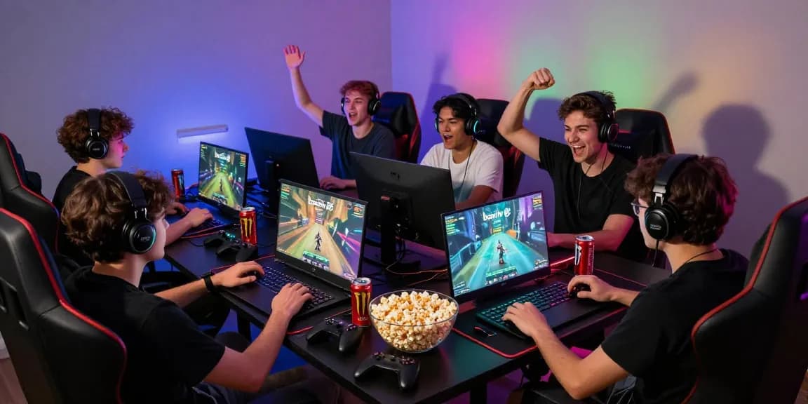 Suasana permainan dinamis dengan pemain berfokus pada boswin 88, ruang gaming berwarna-warni dan suasana seru.