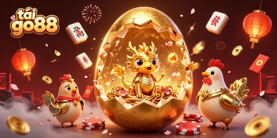 Experience the excitement of tải go88, where a golden baby dragon guards poker chips amidst festive casino elements.