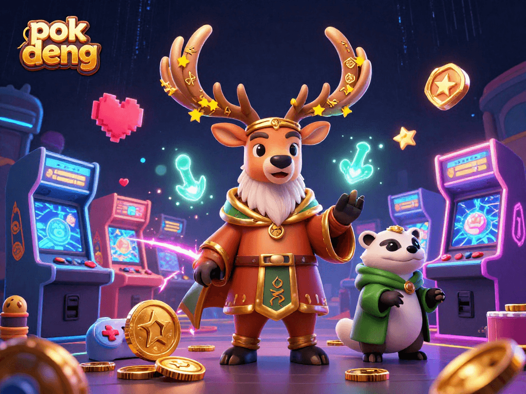 Experience the thrill of pok deng with a colorful 3D casino scene showcasing druid characters, vibrant gaming elements, and dynamic visuals.