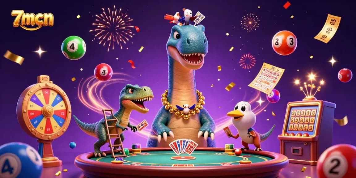 7mcn captures the excitement of a vibrant casino scene with a dinosaur and dynamic game elements.