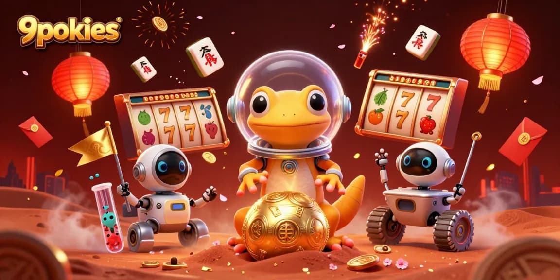 Engage with 9pokies through a Martian gecko and a golden casino amidst vibrant visuals.