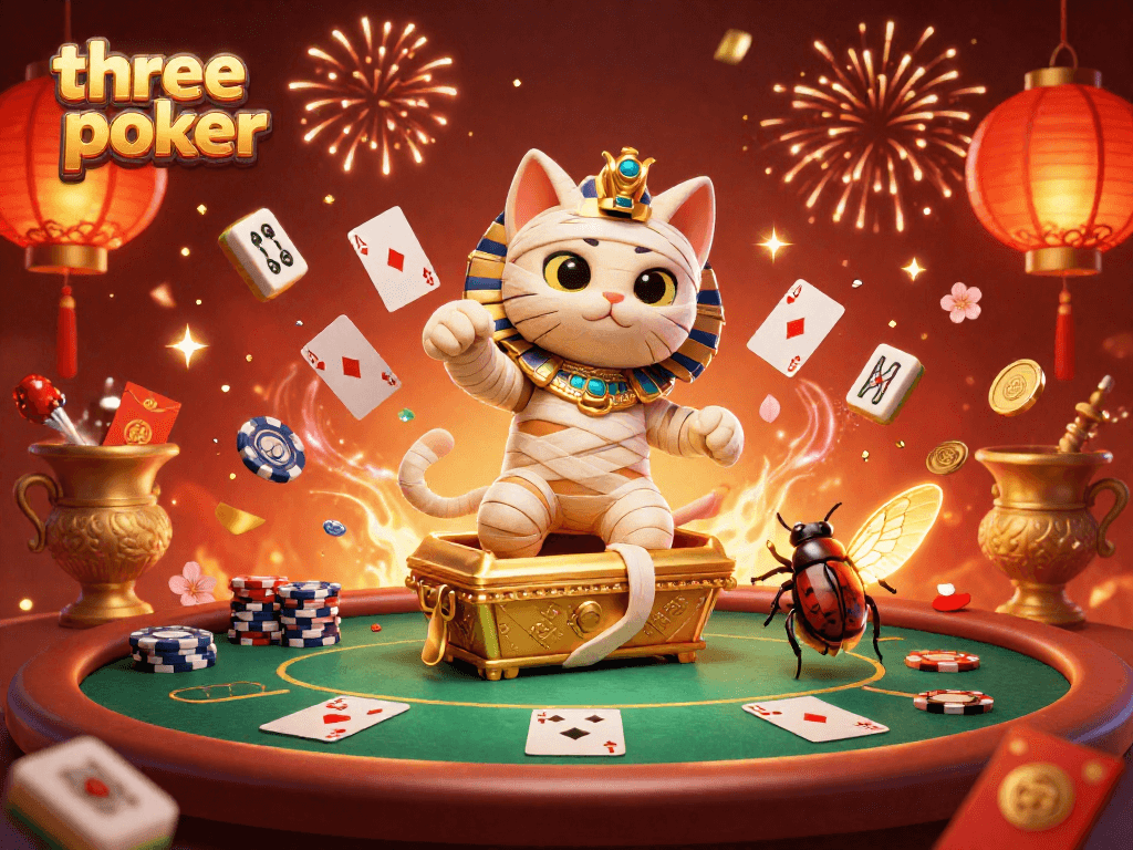 Engage in three card poker excitement with a cartoon mummy cat and vibrant casino elements.