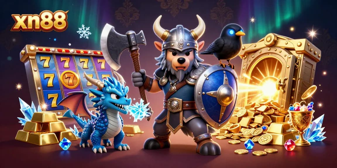 Join the adventure at xn88 as the Viking wolf warrior and dragon uncover treasures in a casino world.