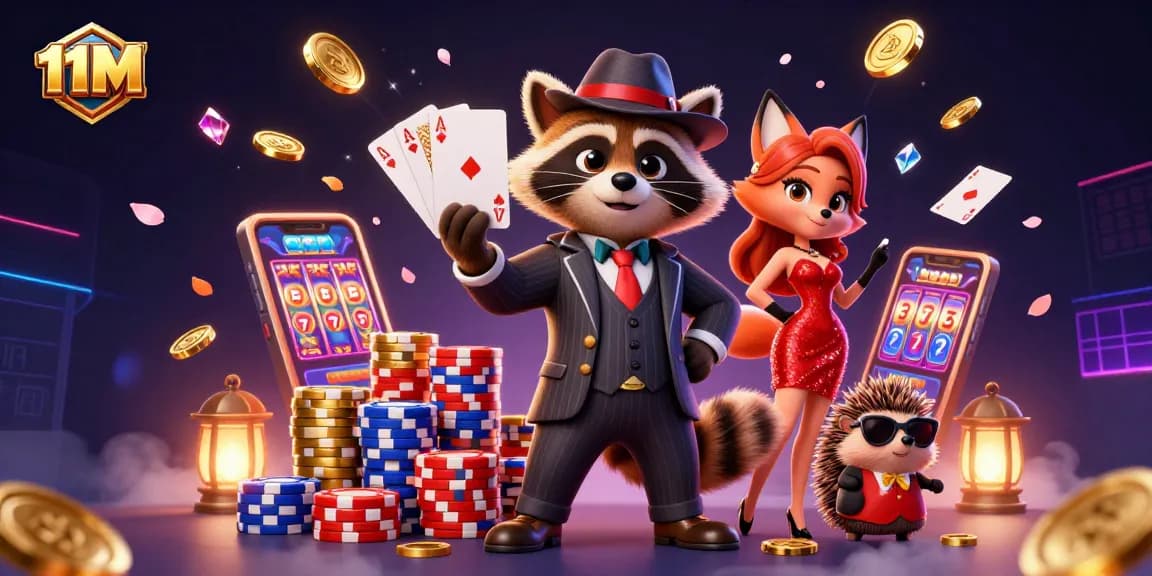 Win big at 11M with cartoon raccoon and fox amid cascading coins and vibrant casino elements.
