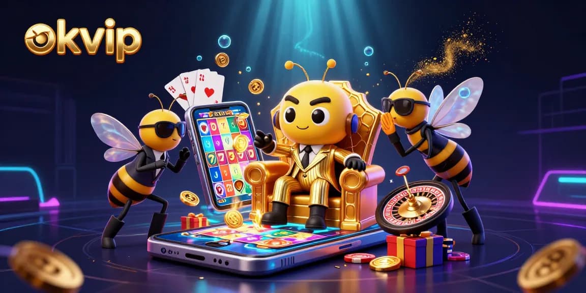 Experience the thrill of okvip with a vibrant 3D casino scene featuring a bumblebee mob boss and exciting games.