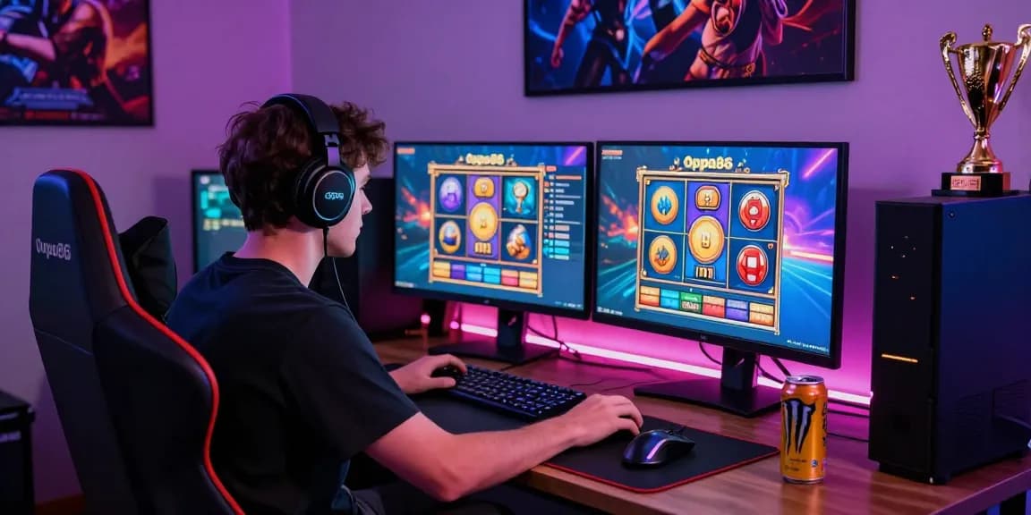 Engaging gaming scene with oppa86 slot games, featuring a player immersed at a high-tech gaming desk.