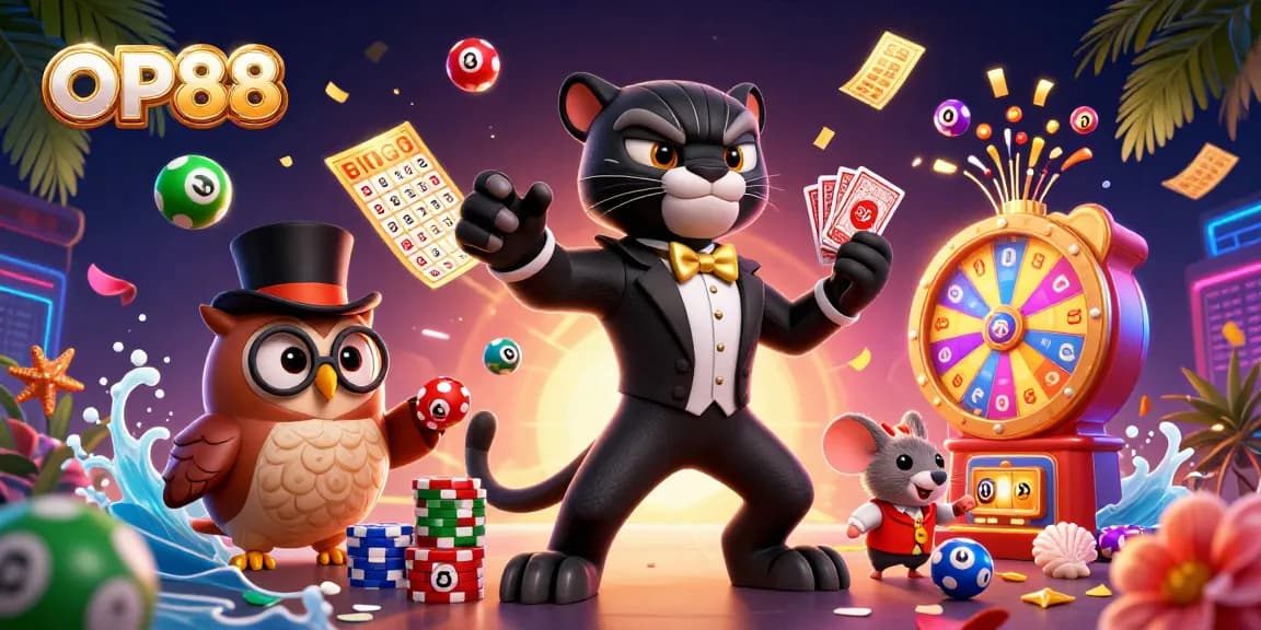 Experience thrilling games at OP88 with a stylish panther dealer, engaging players with poker chips and vibrant gaming elements.