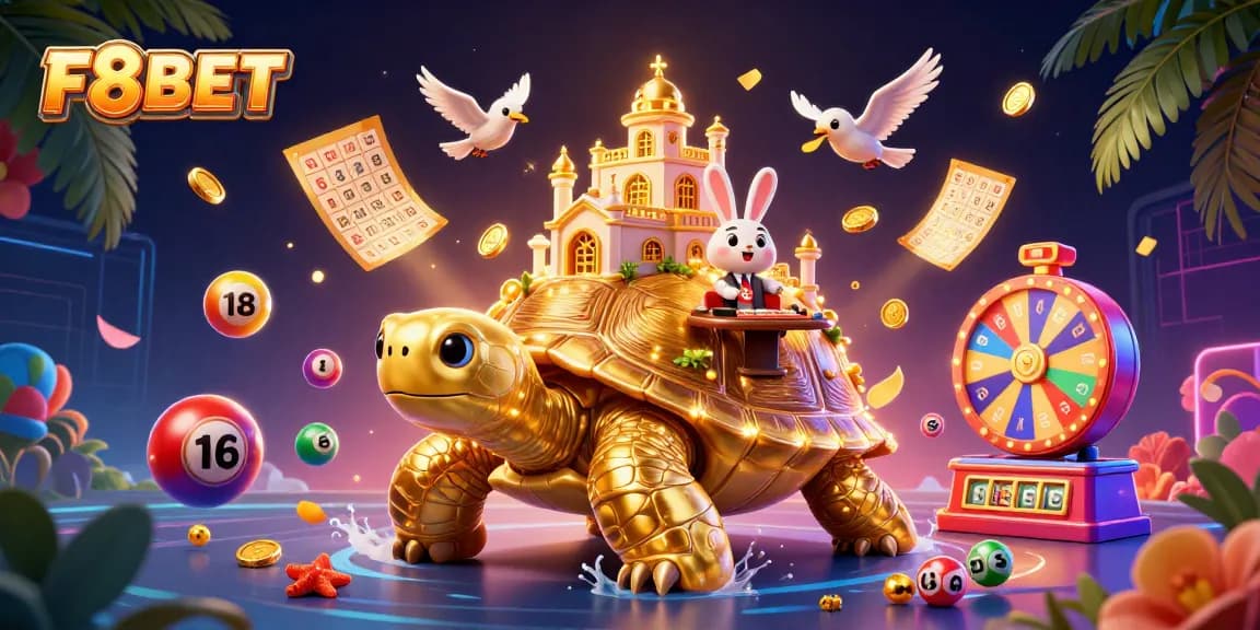 Experience F8BET in a vibrant 3D casino scene featuring a golden tortoise and dynamic gaming elements.