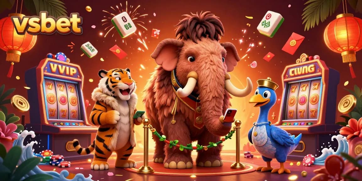 Join the excitement at VSBET with cartoon characters in a vibrant casino scene featuring bouncers and decorations.