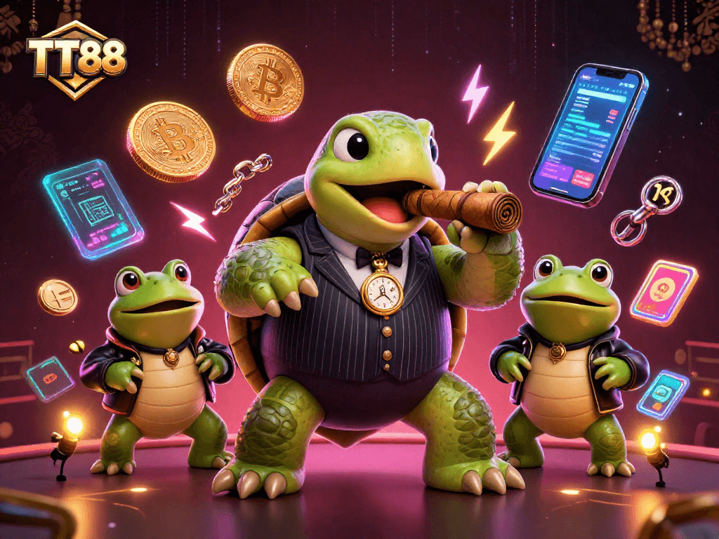TT88 showcases a vibrant 3D scene with a snapping turtle and bullfrogs amidst digital casino elements.