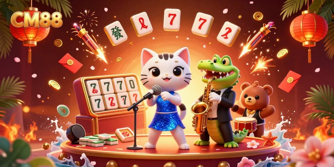 Experience exciting gameplay at CM88 with vibrant illustrations of a cat singer, crocodile saxophonist, and bear drummer on stage.