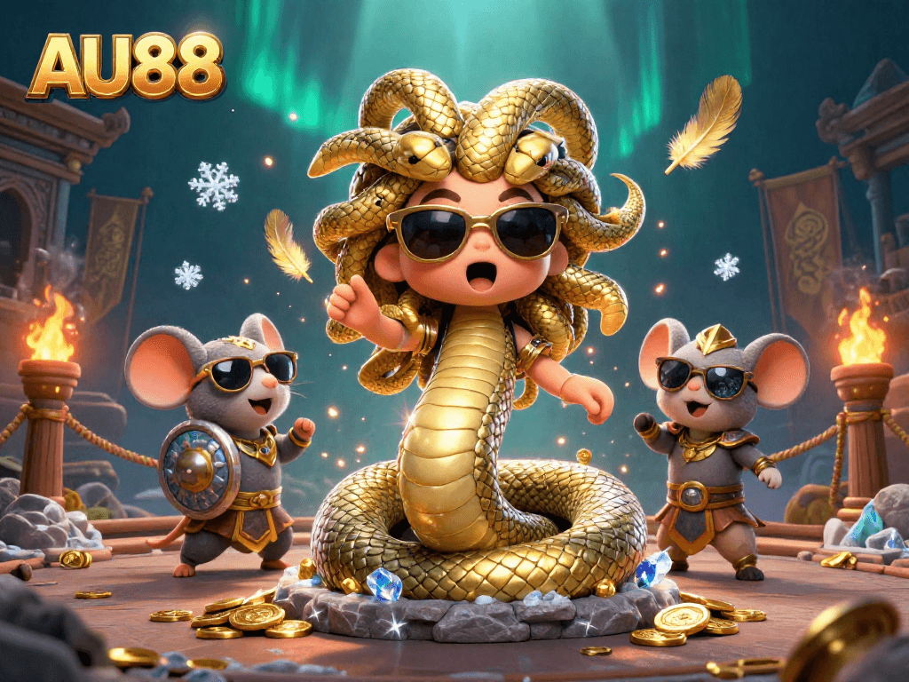 Experience the thrilling world of AU88 casino adventures with Medusa and a warrior mouse amidst swirling coins and game tokens.