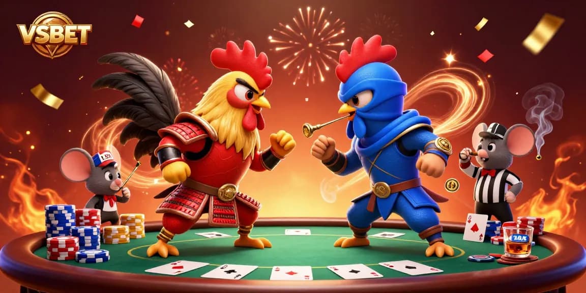 Experience thrilling action with VSBET's fighting roosters in an exciting poker showdown
